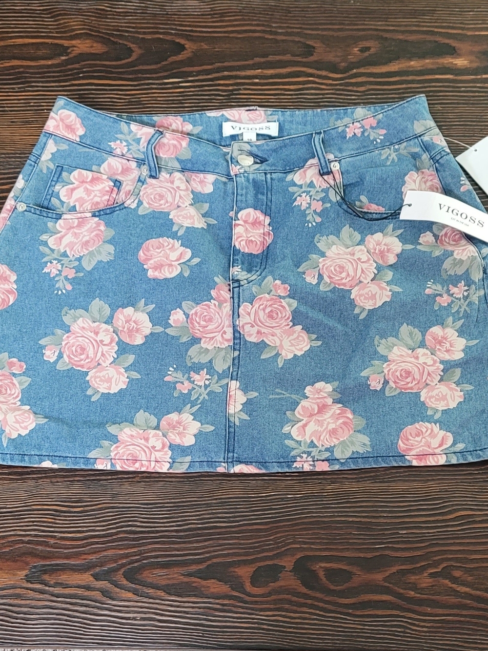 Vigoss Pink Rose Print Denim Mini Skirt